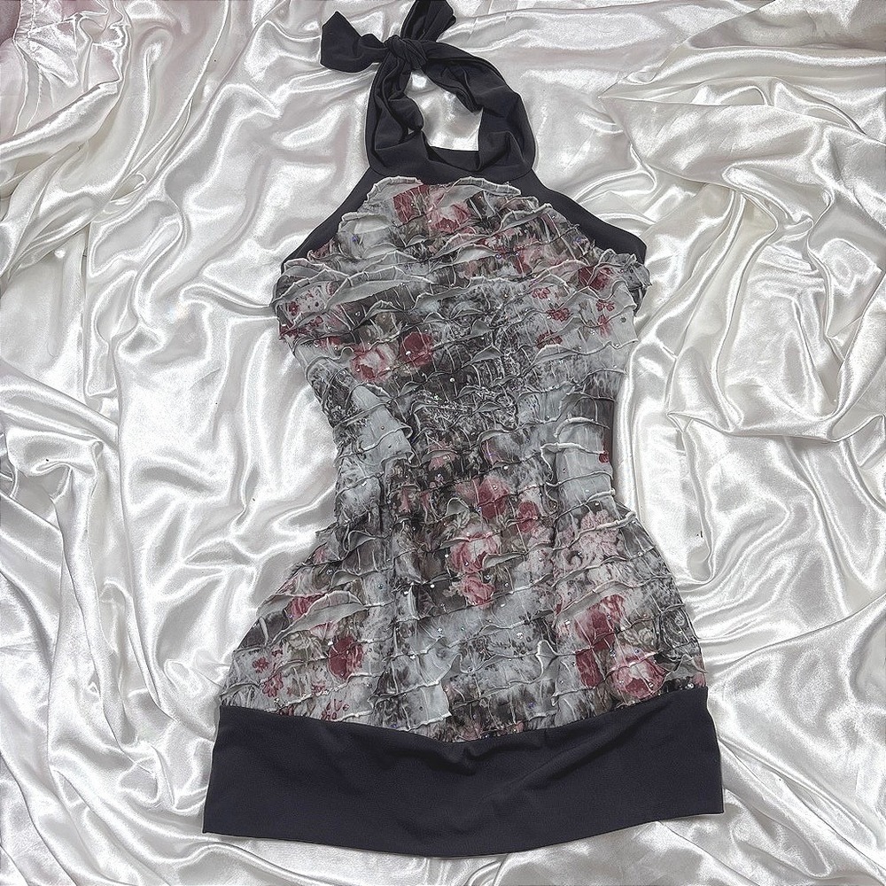 y2k Studio Y Halter Top Grey Ruffle Mesh Floral Rhinestone XS